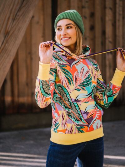 Wykrój na bluzę damską z kapturem i kieszenią kangurką rozmiar 2XS-3XL